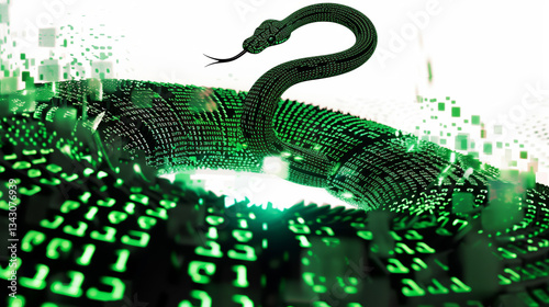 digital snake emerges from whirlwind of glowing binary code, symbolizing technology and transformation. vibrant green hues evoke sense of mystery