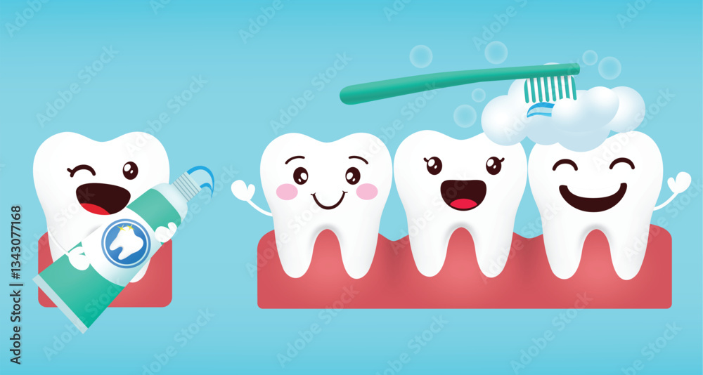 Brushing emoji teeth vector design. Healthy, white and happy tooth emojis in toothbrush cleaning for strong and shiny dental care mascot characters. Vector illustration.