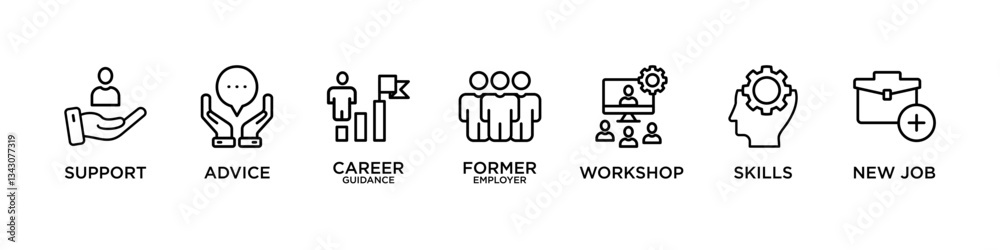 OUTPLACEMENT banner web icon vector illustration concept for product and service quality inspection with an icon of support, advice , career guidance, former employer, workshop, skills, new job, OUTPLACEMENT banner web icon vector illustration concept for product and service quality inspection with an icon of support, advice , career guidance, former employer, workshop, skills, new job,