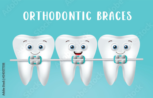 Dental brace emoji vector design. Orthodontic braces with 3d tooth emojis in happy faces reaction for oral health care teeth mascot emoticon characters. Vector illustration.
