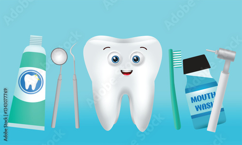 Dental health emoji vector design. Tooth and dentist tools elements of toothpaste, mouthwash and mirror with happy mascot emoji for clean oral health. Vector illustration.
