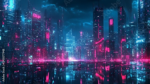 Cityscape at Night Neon Lights Reflecting in Water Creates Cyberpunk Feel