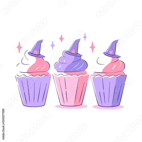 Whimsical Halloween cupcakes vector illustration in pastel pink and purple tones, featuring witch hat toppers and sparkling details for a festive touch.