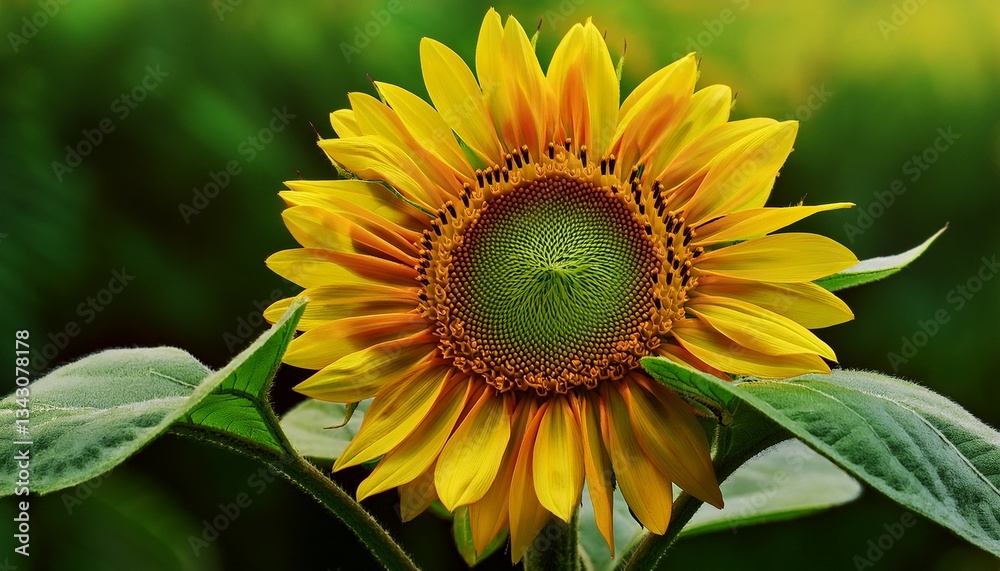 Obraz premium Single sunflower ready to open, close-up. Yellow petals are gathered together against green leaves background, selective focus.