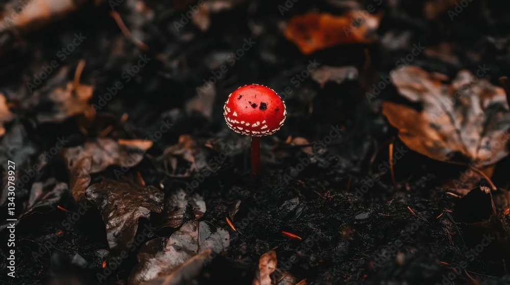 A lonely red mushroom standing tall on the dark forest floor, surrounded by decaying leaves and rich, black soil. A lonely red mushroom standing tall on the dark forest floor, surrounded by decaying leaves and rich, black soil.