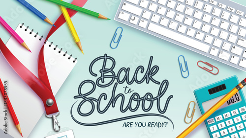 Back to school vector background design. Back to school text with keyboard, notepad and calculator study elements for educational learning decoration. Vector illustration.

