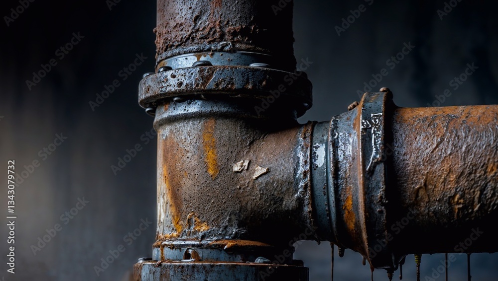 Close up of rusty metal pipe with visible corrosion and rust stains, on dark background. Close up of rusty metal pipe with visible corrosion and rust stains, on dark background.