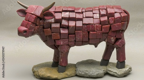 Obraz na płótnie A modern take on beef production: a cow figure designed using neatly arranged raw meat cubes. w salonie