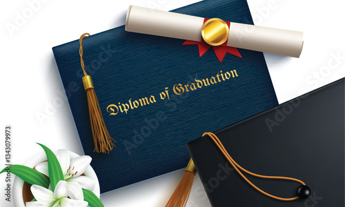 Graduation diploma vector concept design. Diploma of graduation text in certificate holder with 3d mortarboard cap and tassel elements for college grad certification design. Vector illustration.

