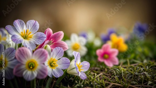 Vibrant first spring flowers blooming among green grass and moss in soft sunlight