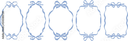 hand drawn blue frame with bow and ribbons. whimsical wavy frame set for christmas holiday, birthday card, valentine, wedding invitation