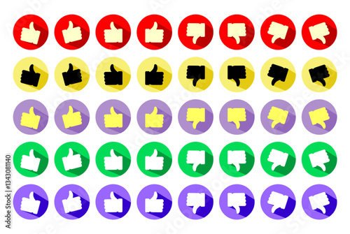 Set vector of thumb up and thumb down in circle shape. Like and dislike icon in various color. OK and not ok sign. Approve and disapprove symbol. 