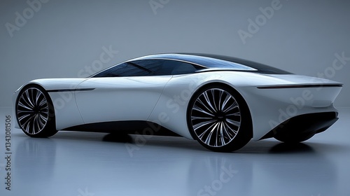 Sleek, futuristic white sports car, rear view.  Modern design, aerodynamic lines, and sophisticated details.  Clean, minimalist aesthetic