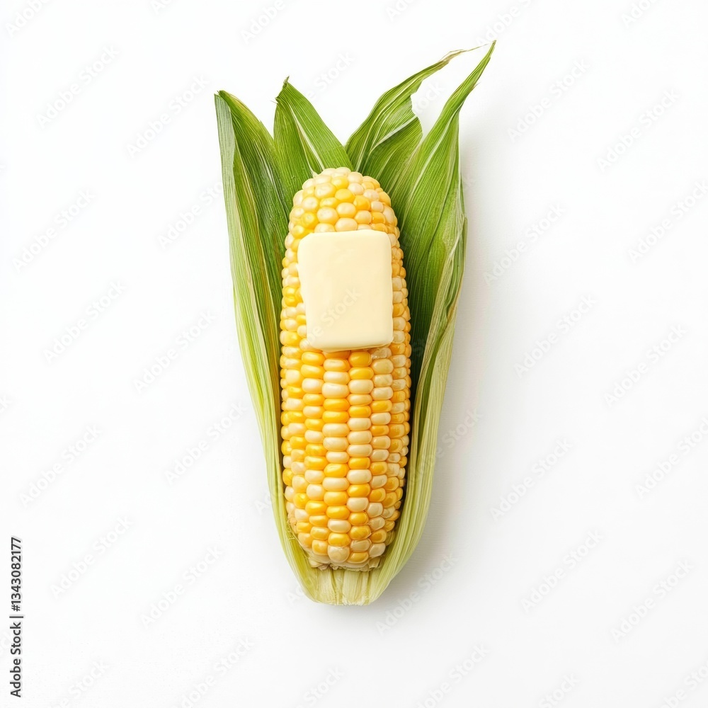 Obraz premium Juicy grilled corn on the cob with butter melting on top isolated on a white background