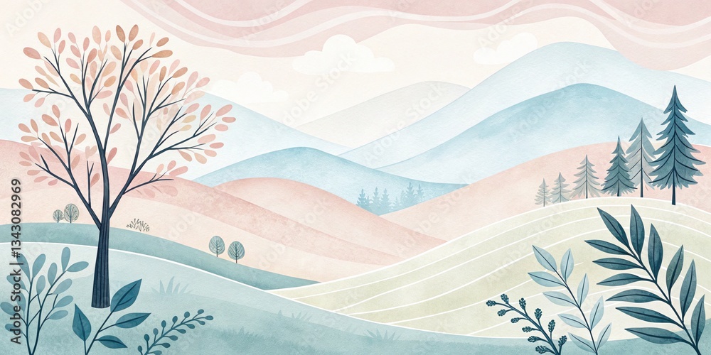 Obraz premium Serene landscape illustration rolling hills and trees soft color palette nature environment artistic viewpoint tranquility concept for relaxation