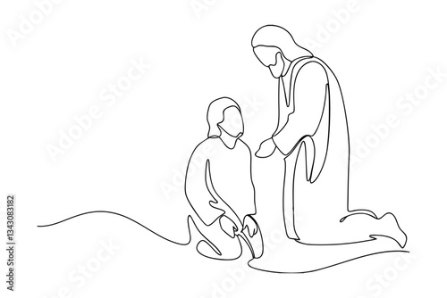 Jesus Christ kneeling, blessing a kneeling disciple, online art