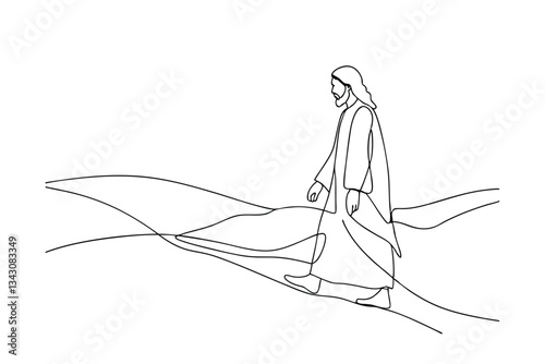 Jesus Christ Walking on a Path, Single Line Drawing, Biblical Art