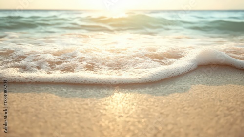 Fototapeta Naklejka Na Ścianę i Meble -  Golden Sunrise Ocean Wave on Sandy Beach