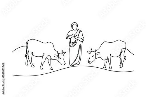 Online Drawing Cow Herdsman and Sacred Cows in India