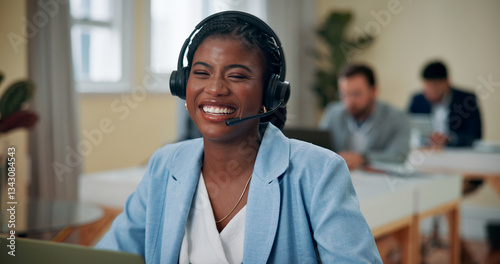 Office, businesswoman and happy with laptop for headset, consultant and customer service for sales. Coworking, call center and agent with mic for telemarketing, client feedback and laugh in portrait