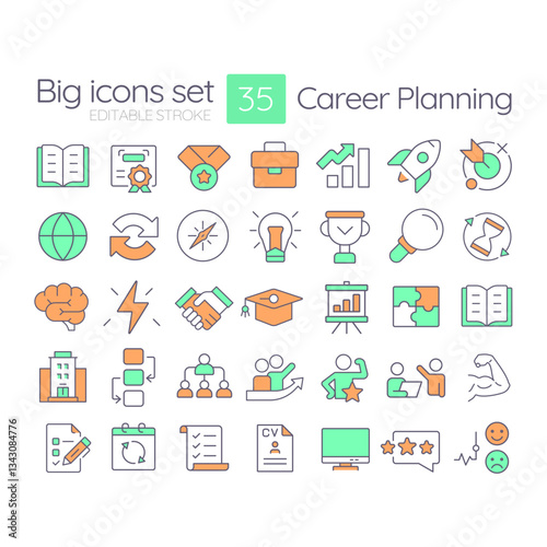 Career planning RGB color icons set. Corporate hierarchy, company structure. Personal growth. Isolated vector illustrations. Simple filled line drawings collection. Editable stroke