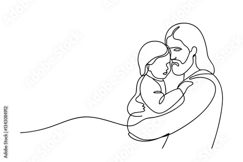 Jesus Christ cradling a child, singleline drawing, love, tenderness, faith, hope, compassion, father