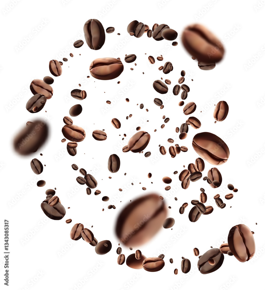 Falling coffee beans isolated on transparent background. Flying defocusing coffee grains. Applicable for cafe advertising, package.energy, freshness.Mesh gradient wes used Falling coffee beans isolated on transparent background. Flying defocusing coffee grains. Applicable for cafe advertising, package.energy, freshness.Mesh gradient wes used