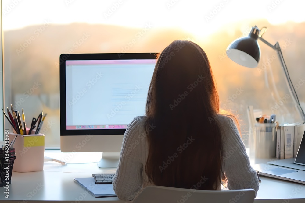 Fototapeta premium Woman Working on Computer at Sunset Office Desk
