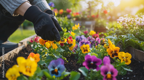 Gardener planting colorful spring flowers in a raised garden bed, creating a vibrant, lively scene of blooming plants, rich soil, and joyful seasonal gardening.
