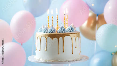 A luxurious birthday celebration scene featuring a white and gold cake with elegant icing drips, six lit candles, and a pastel-themed balloon arrangement in soft blue, pink, and gold, with scattered
