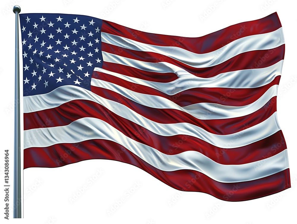 Fototapeta premium Digitally Rendered Waving American Flag In Bright Colors on a White Background
