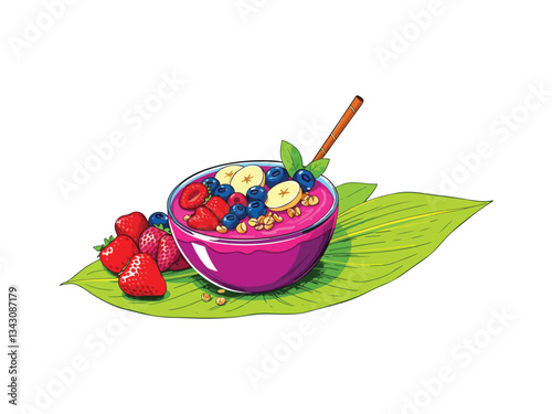 Power Summer Acai Bowl. Sweet and tropical fruit smoothie bowl with strawberries, banana and granola topping. A healthy breakfast over palm leaf with açai berries on the side. Isolated vecto