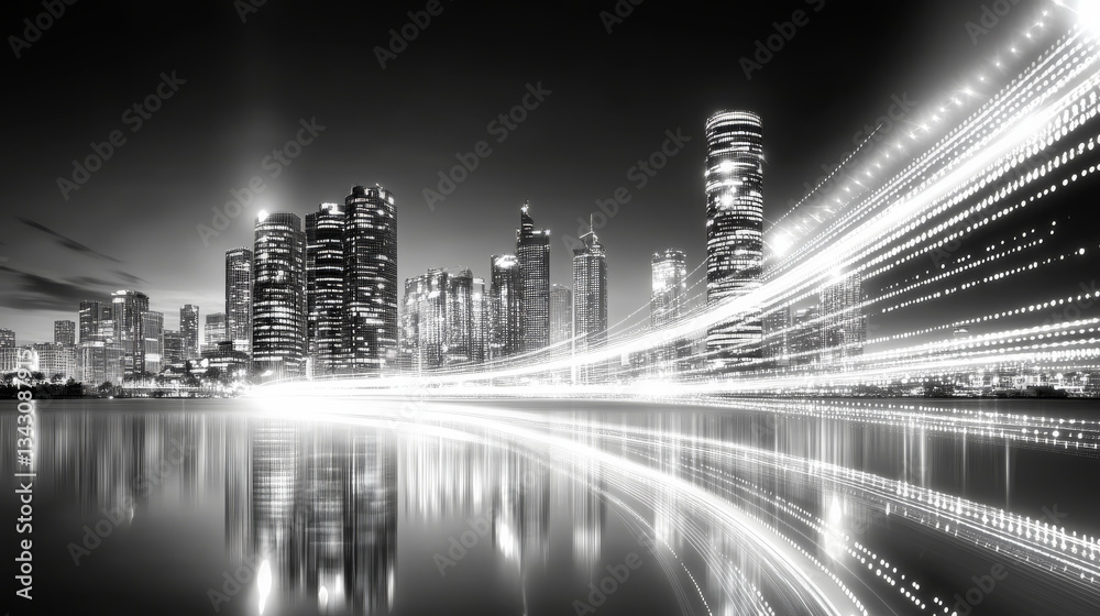 Fototapeta premium dynamic black and white cityscape features illuminated skyscrapers and light trails reflecting on water, creating futuristic and energetic atmosphere