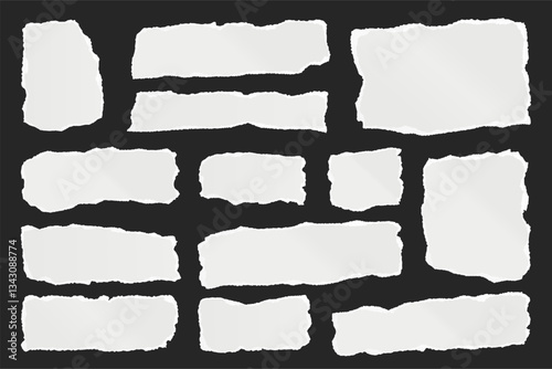 Ripped paper strips. Realistic crumpled paper scraps with torn edges. Shreds of notebook, book or old newspaper pages. Trendy collage elements. Vector illustration