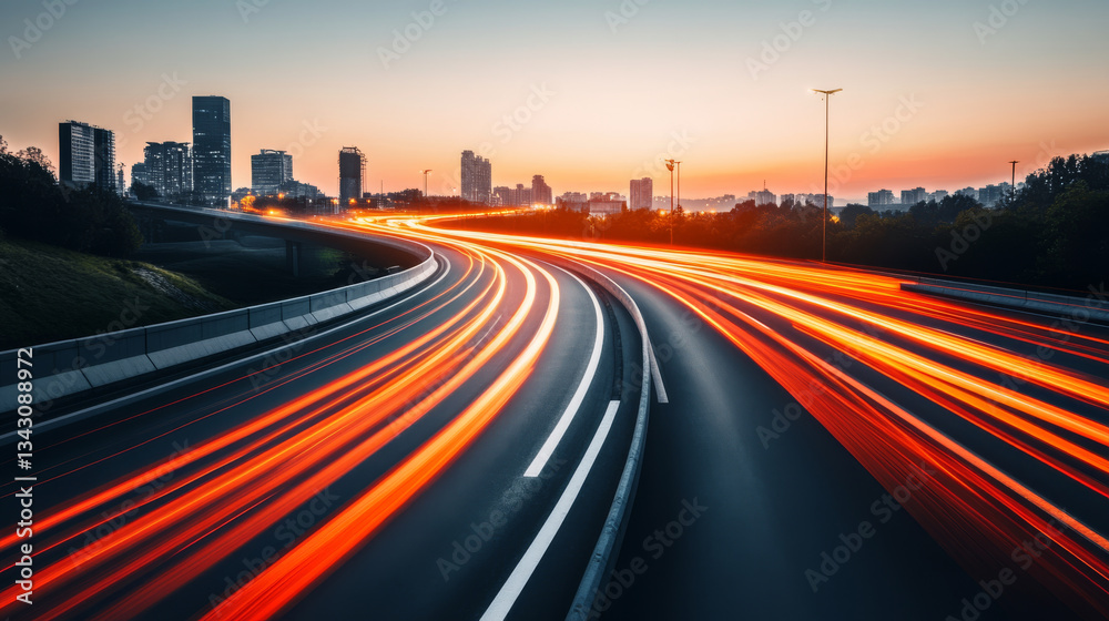 Obraz premium futuristic cityscape at sunset with light trails from fast moving vehicles on highway, creating dynamic and vibrant scene