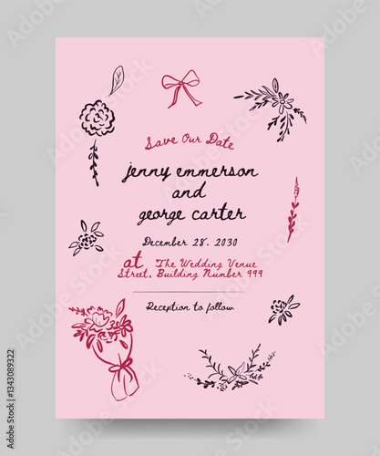 Wedding invitation poster with quirky hand drawn floral frame border. doodle ink style. save the date poster.