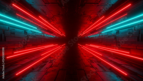 A digital sci-fi backdrop featuring abstract red and cyan light trails, producing a futuristic cybernetic appearance