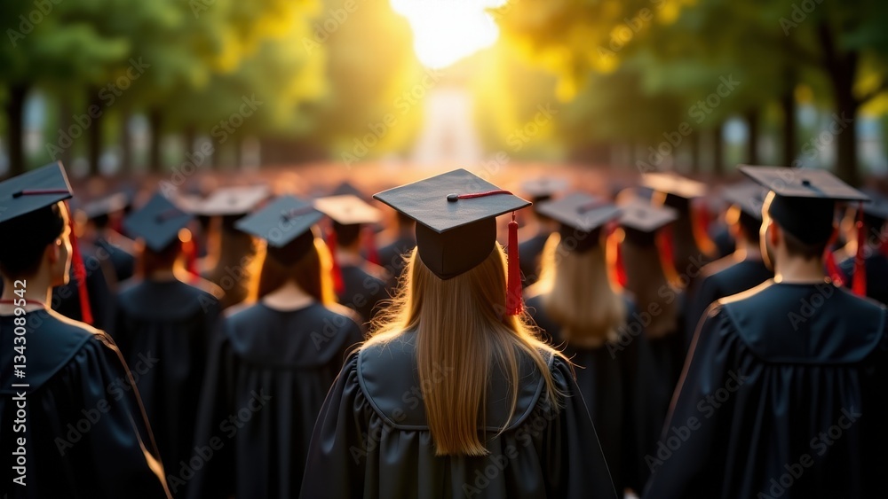 A group of students in black graduation gowns attending a university graduation event, walking towards a bright future. A group of students in black graduation gowns attending a university graduation event, walking towards a bright future.