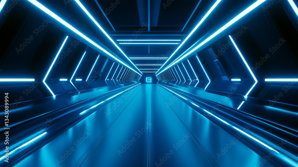 Obraz premium Futuristic corridor with vibrant blue neon lights creating sci fi atmosphere. symmetrical design and glowing lines enhance modern, high tech feel of space