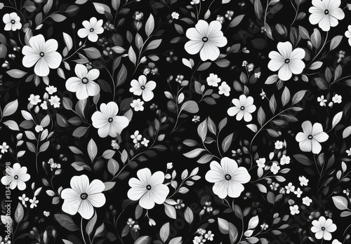 Black and white floral pattern.  Delicate flowers and leaves, in grayscale, create a seamless repeating design