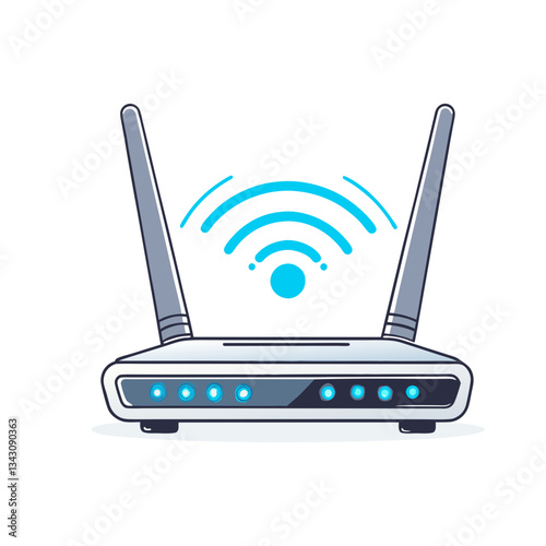 Modern wireless router vector illustration featuring dual antennas, glowing blue indicator lights, and a Wi-Fi signal icon, symbolizing connectivity and technology.