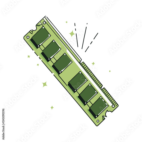 Detailed RAM stick vector illustration featuring a green computer memory module with a modern, tech-inspired design and sparkles.