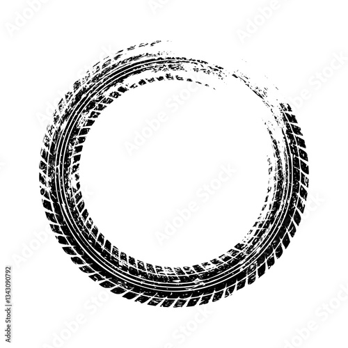 Grunge circle tire track, wheel braking mark. Truck, car or motorcycle tread pattern silhouettes. Auto race, motorsport, speed racing design element. Vector illustration