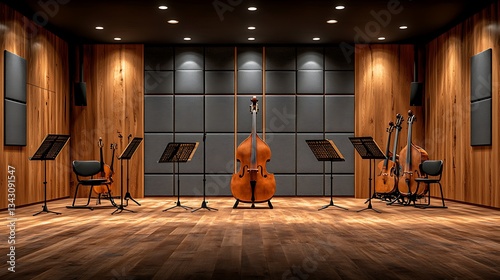 A modern music practice room with soundproof panels, instrument stands, and adjustable lighting for rehearsals