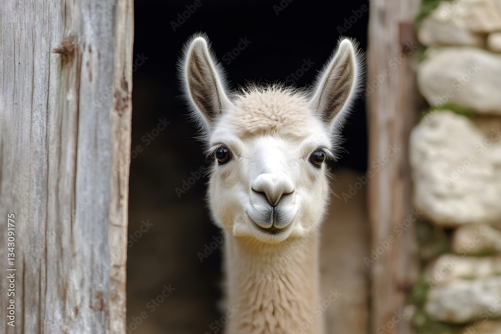 Obraz premium White llama looking out from barn doorway