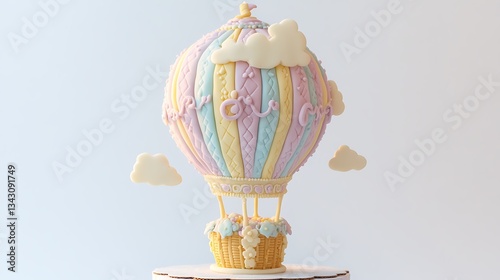 A 3D sculpted birthday cake shaped like a floating hot air balloon, with pastel-colored frosting, intricate basket details, and tiny edible clouds surrounding it.