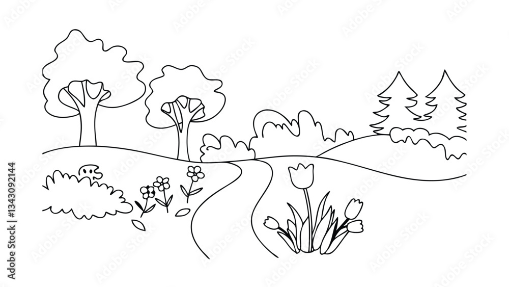Fototapeta premium Spring Landscape Coloring Page Trees, Flowers, Path, Hills