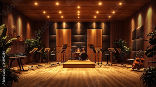 A modern music practice room with soundproof panels, instrument stands, and adjustable lighting for rehearsals