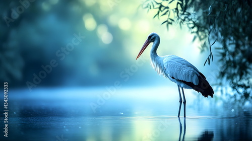 A majestic stork stands gracefully in a shallow blue lake, its long legs and slender neck forming an elegant silhouette. The scene captures nature's beauty in high-definition, showcasing serene photo