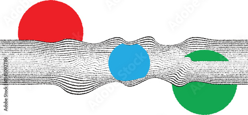 Abstract motion graphic design background . Black circle and horizontal lines . Transition shapes . Wavy lines.  Movement composition . Roughen lines and circles combination. Vector illustration